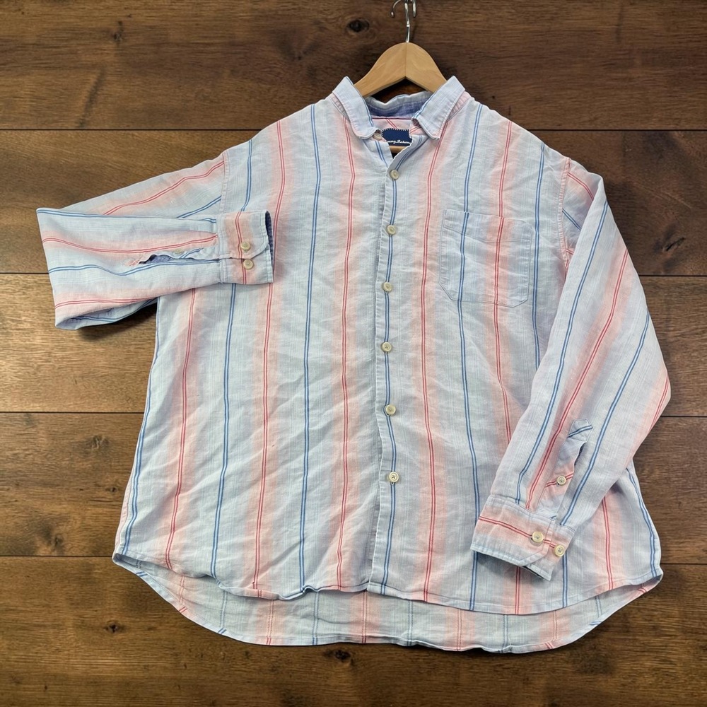 Tommy Bahama Mens XL Linen Blend Striped Button Down Shirt Blue Pink Long Sleeve